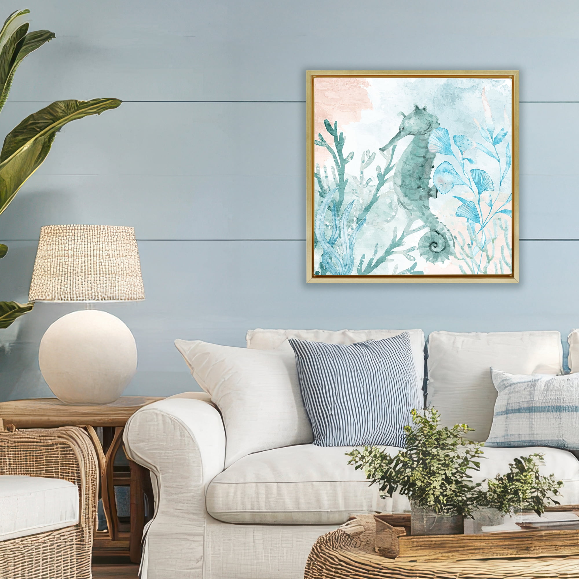 Stupell Industries Seahorse Sea Swim Gold Framed Floater Canvas Wall Art, design by Kim Allen