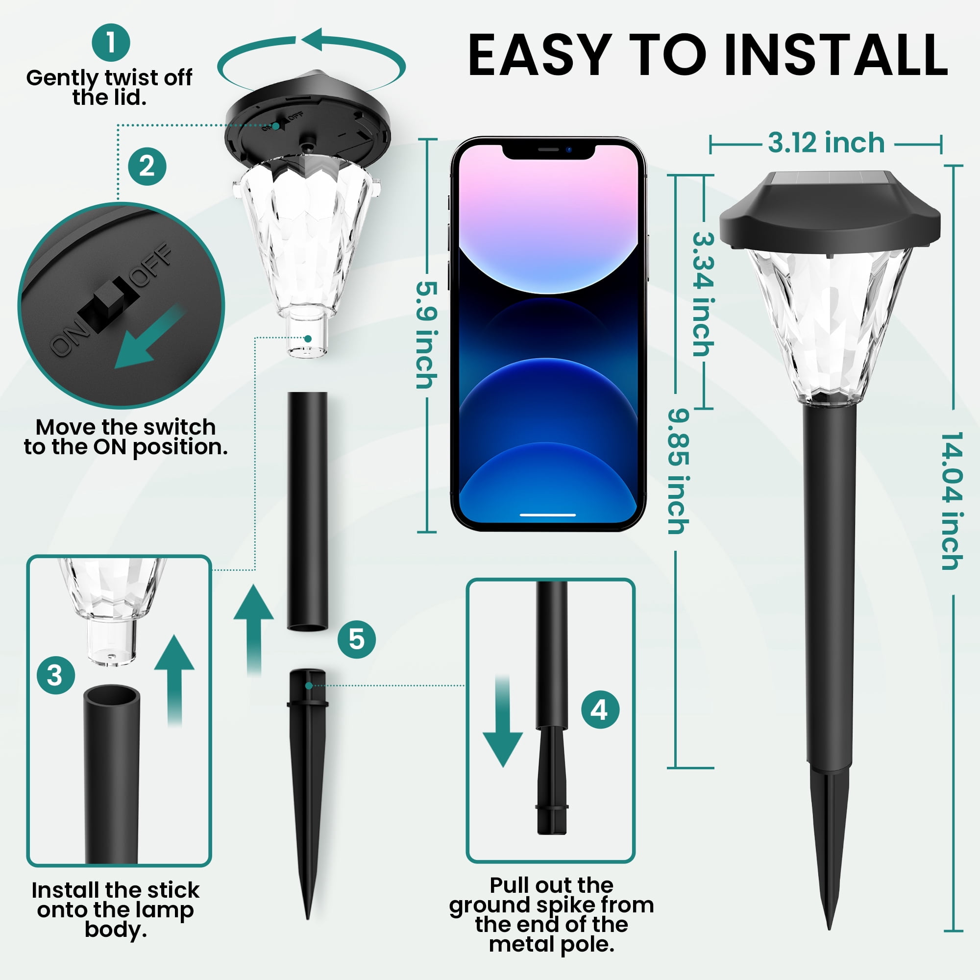 Gigalumi Outdoor Solar Powered Pathway Lights Contemporary Waterproof Cold White 6500K 8 Pack