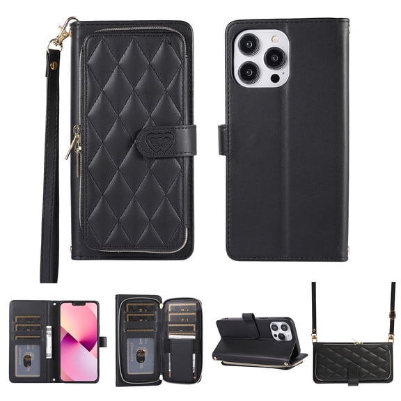 Nalacover for iPhone 13 Pro Max 6.7 inch Premium PU Leather Crossbody Case with Shoulder Strap & Wrist Strap,Shockproof Magnetic Flip Kickstand Credit Card Slots Zipper Wallet Phone Case,Black