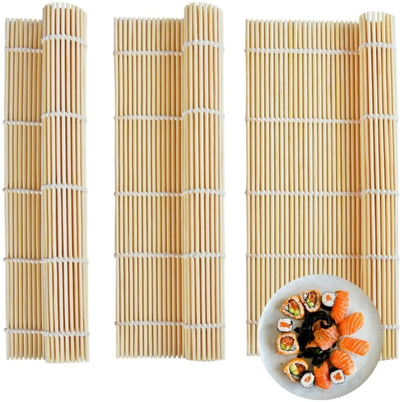 ORUYROP 3 Sheets Sushi Mat, 9.5x9.5 Inch Natural Bamboo Sushi Rolling Mat, Sushi Roller Sheets for Home Professional Sushi Making