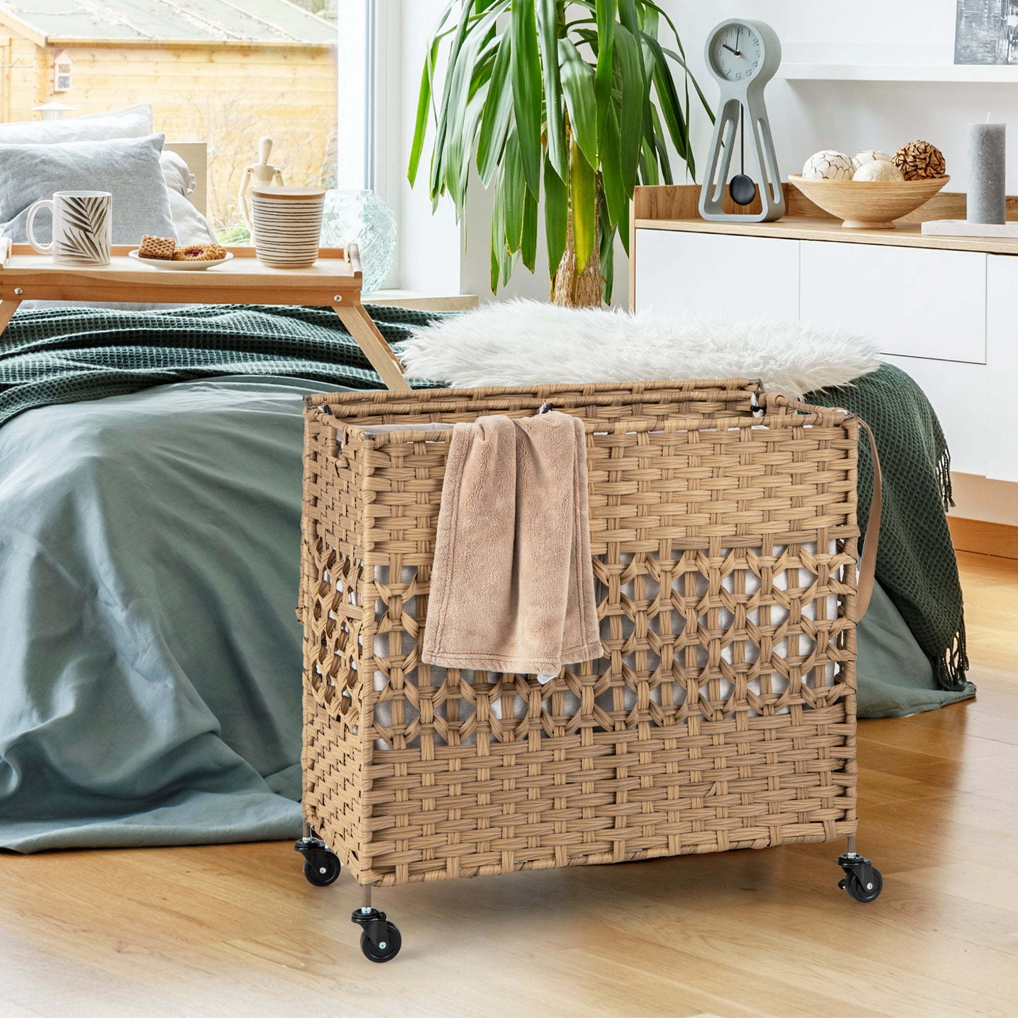 Costway 110L Laundry Hamper with Wheels Clothes Basket Lid & Handle & 2 Liner Bags Natural