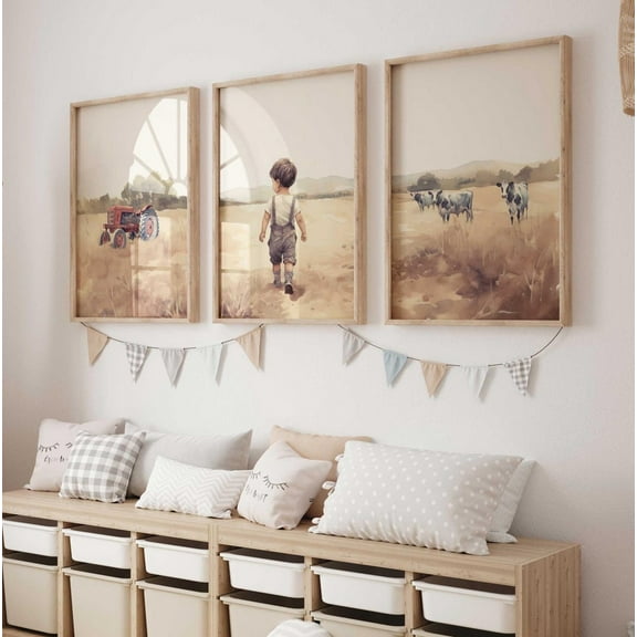 UNFFRAMED Farmhouse Nursery Decor Set Of 3, Little Farm Boy Print, Countryside Nursery Art, Farm Theme, Boys Room, Countrytyle Art, Boy'S, Modern Wall Decor Set 3 Prints 8x12