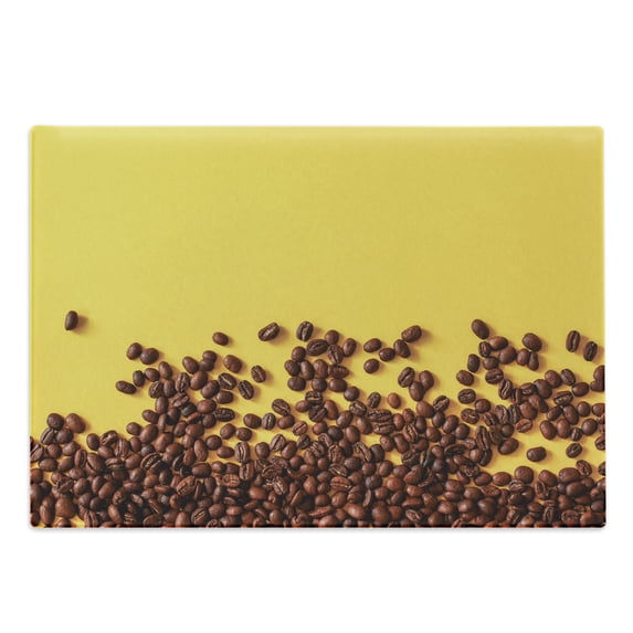 Natural Color Cutting Board, Coffee Lover Themed Sprinkled Beans Photo Print Caffeine Drink, Decorative Tempered Glass Cutting and Serving Board, in 3 Sizes, by Ambesonne