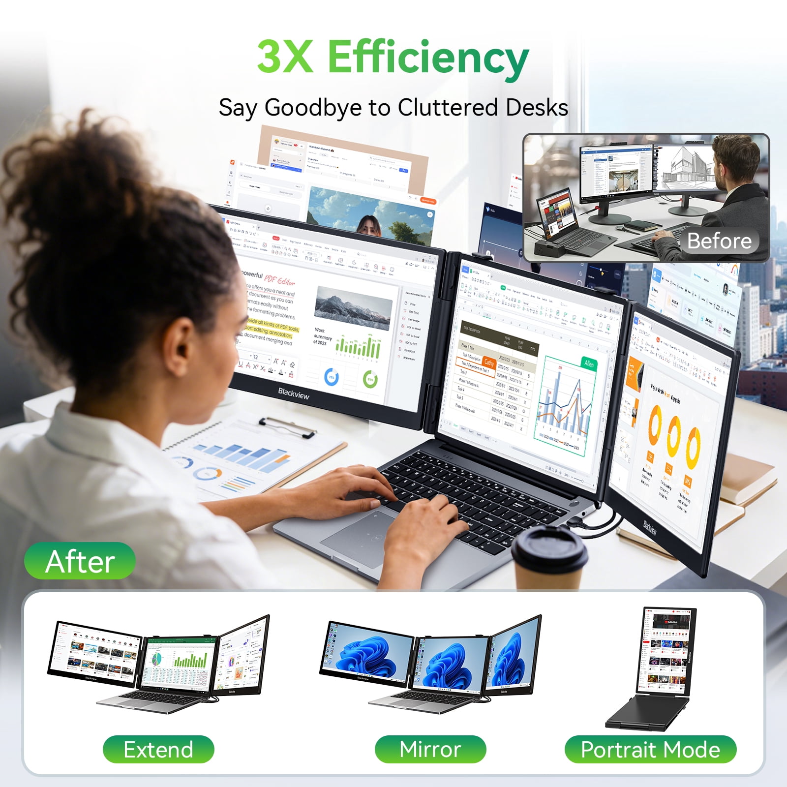 Blackview Laptop Screen Extender, 14" 1080P FHD IPS Triple Portable Monitor, Ultra-Slim Travel Dual Monitor Fit for 13"-17.3" Laptops, USB-C Plug&Play Extended Screen for Windows/Mac/Android/Switch