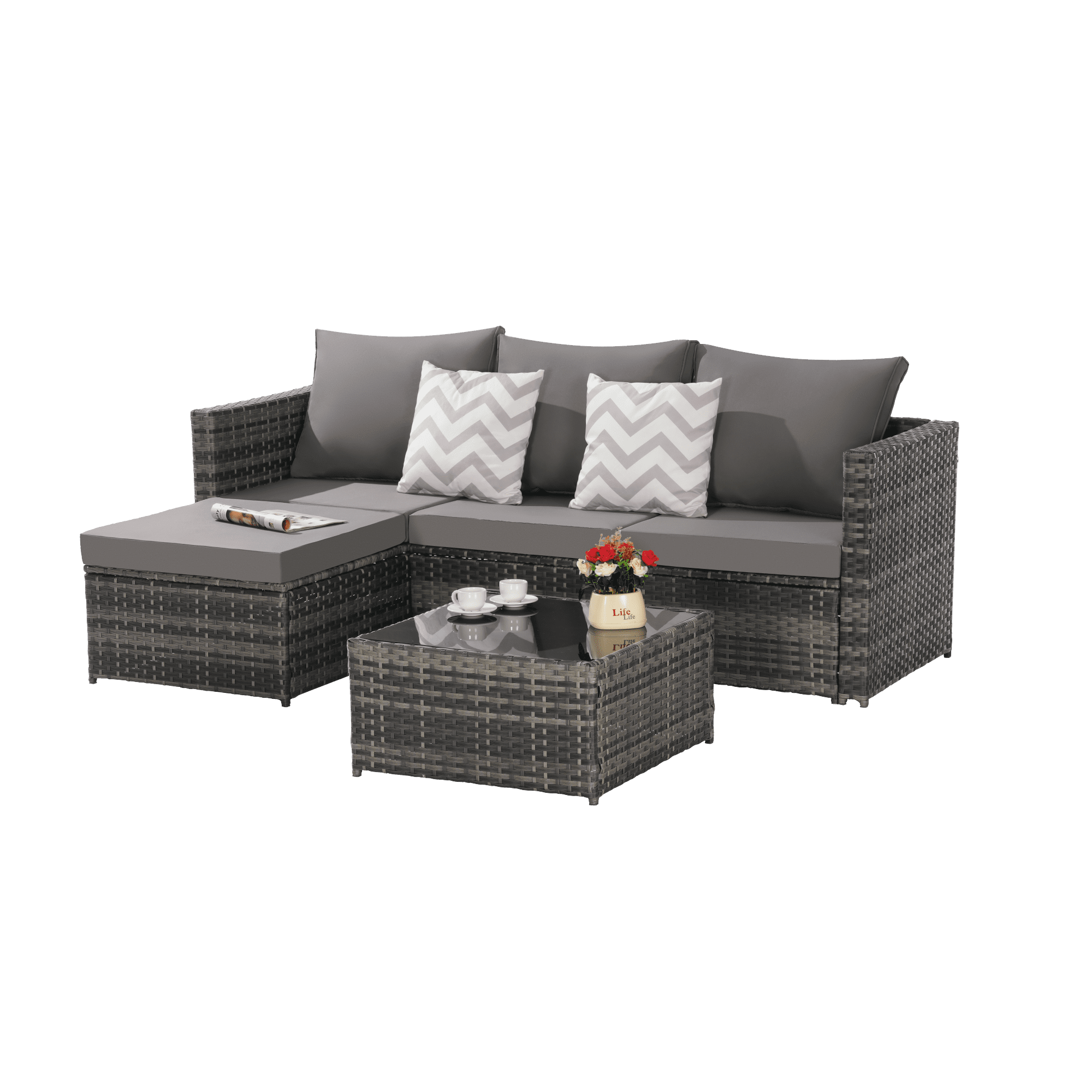 3 Pieces Patio Furniture Set,All-Weather Outdoor Woven Sectional L- Shaped Sofa with Ottoman,Wicker Conversation Set with Tempered Glass Coffee Table for Backyard Poolside,Dark Gray