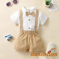 thumbnail image 2 of * 0-18 Meses Conjunto De Ropa De Caballero Para Bebés Niños , Mameluco De Manga Corta De Color Sólido De Verano + Pajarita Y Pantalones Babero, 2 of 4