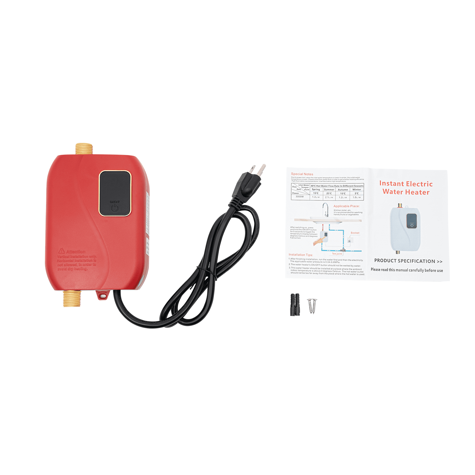 3000W Electric Tankless Water Heater, On Demand, Eco, Red, Mini  Hot Water Boiler for Kitchen, 110V
