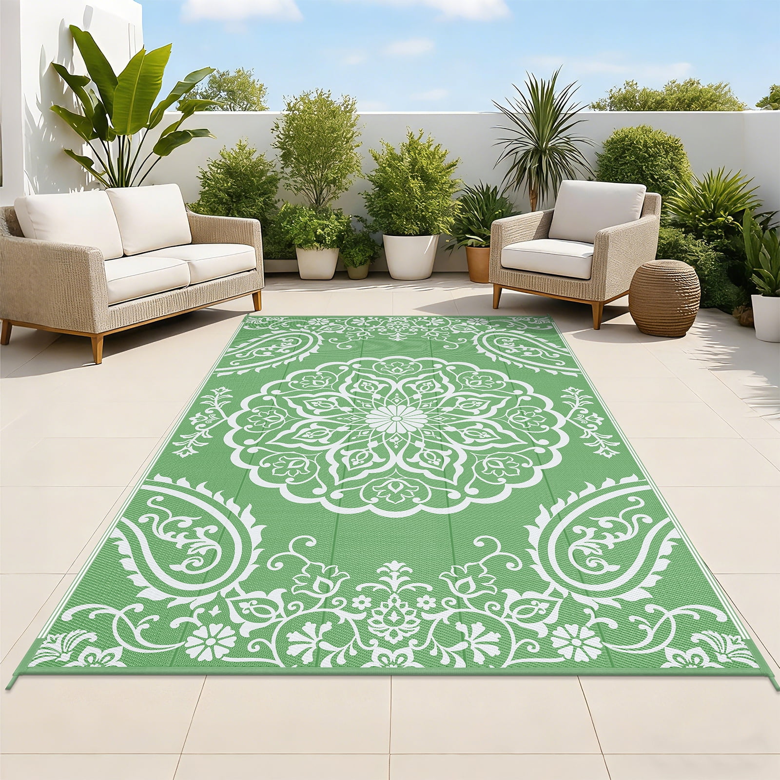 MeyJey 6'x9' Outdoor Rugs for Patio, Patio Rug Waterproof RV Mats, Plastic Straw Camping Area Rug for Indoor Porch Balcony Beach Mat, Green