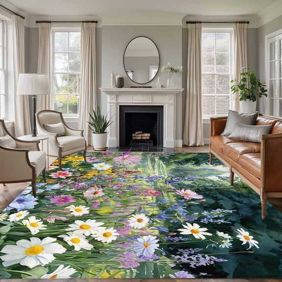 6'x9' Area Rugs, Colorful Floral Spring Indoor Outdoor Area Rug for Living Room Bedroom, Daisy Green Forest Pastoral Washable Bathroom Rugs Kitchen Floor Carpet Mats Home Decor Aesthetic