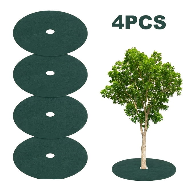 CNKOO 4pcs 32.2” Non-Woven Tree Mulch Rings - Reusable Weed Barrier Landscape Fabric for Root Protection Gardening & Landscaping Durable Black Garden Mulch with Center Hole Mulch Mats