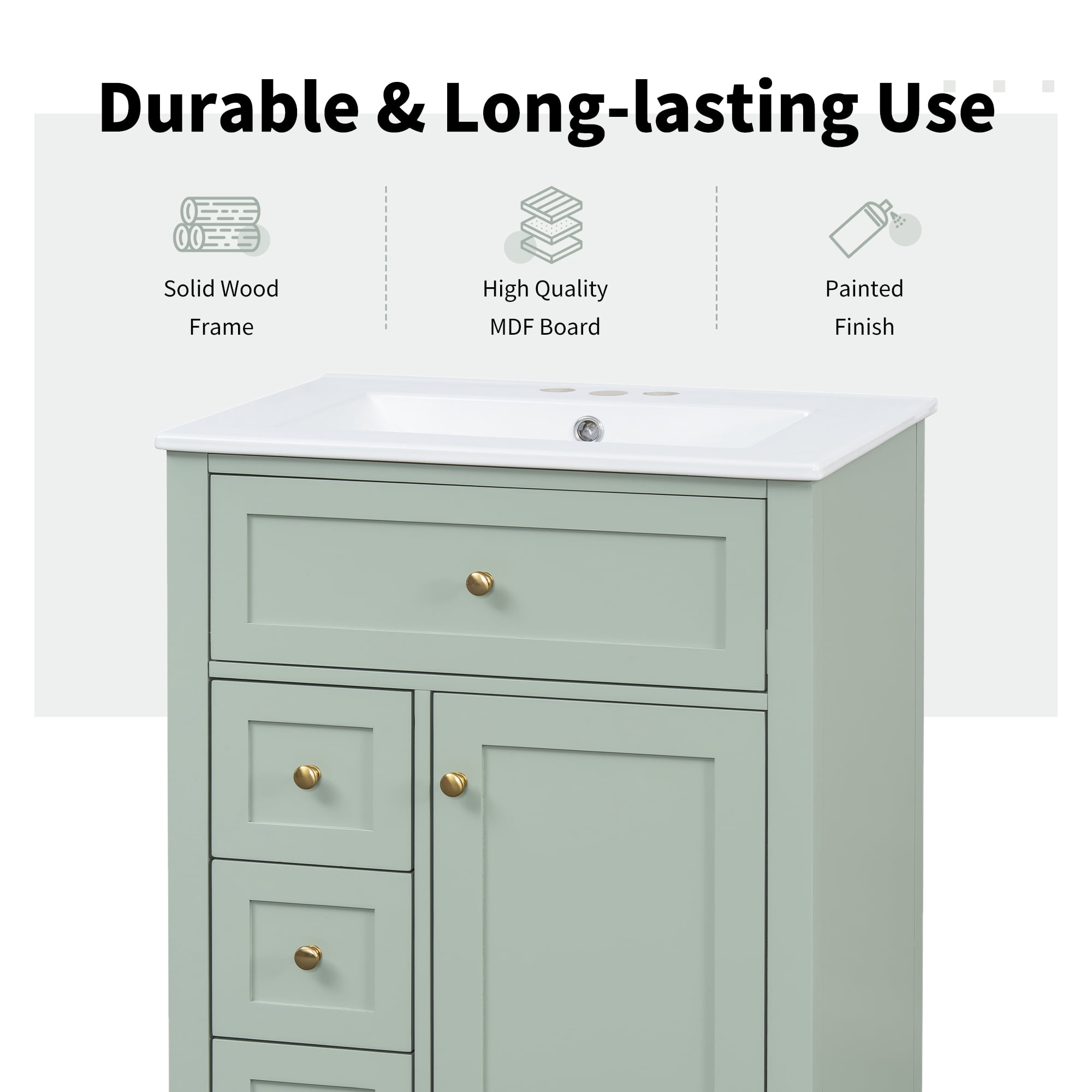 Euroco "24" Green Bathroom Vanity with Sink, MDF & Rubberwood Construction, 3 Drawers & Cabinet with Adjustable Shelves, Modern Design for Small to Medium Bathrooms"