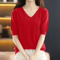 thumbnail image 2 of Nisorays Women Short Sleeve Sweater Summer V Neck Dressy Casual Soft Knit Pullover Tops Trendy Red L, 2 of 5