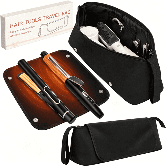 AOMRCOL Hair Tools Travel Bag with Heat Resistant Mat Removable, Hot Hair Accessories Organizer Case, Women Travel Essentials, Storage Pouch for Curling Iron Straightener Flat Iron Hair Dryer, Black
