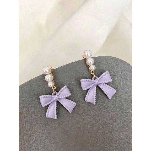 Purple Fuzzy Bow Dangle Earrings With Simulated Pearls And Goldtone Setting