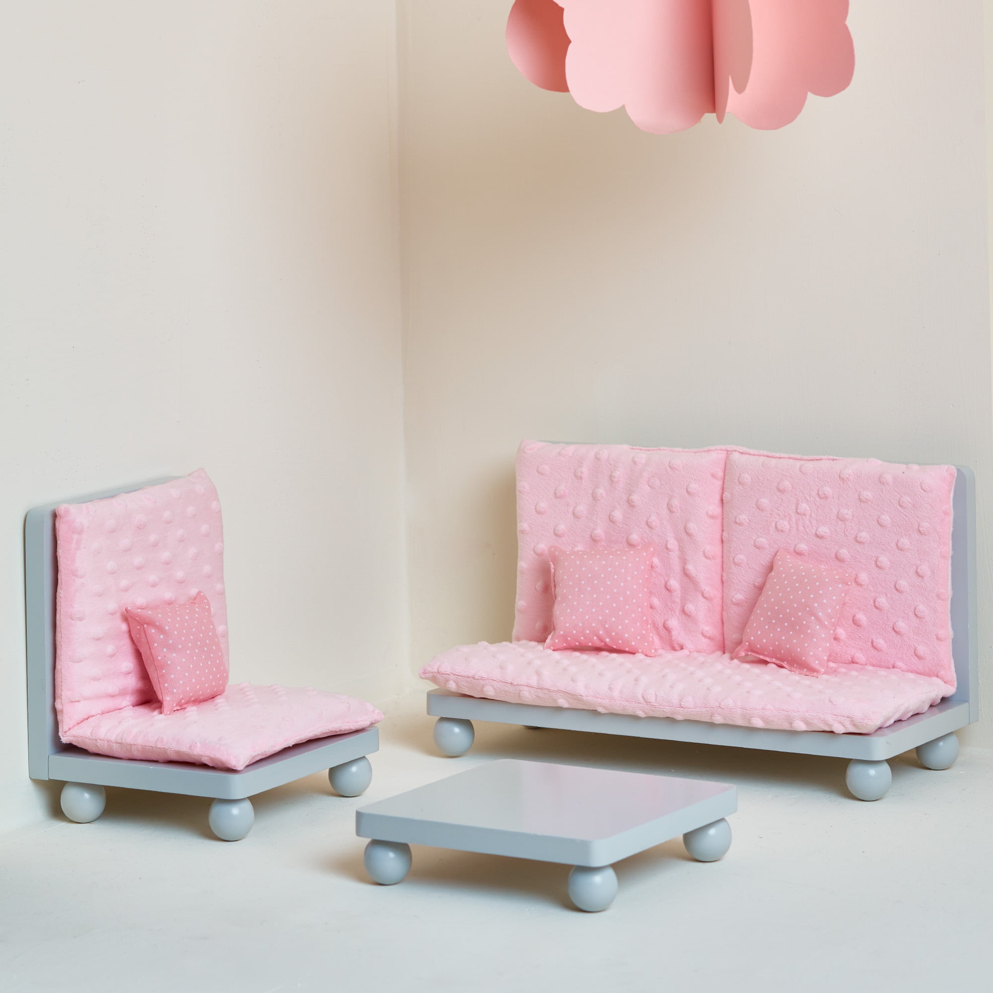 Olivia's Little World Little Princess Lounge Set with Couch, Chair and Coffee Table, Light Pink/Gray