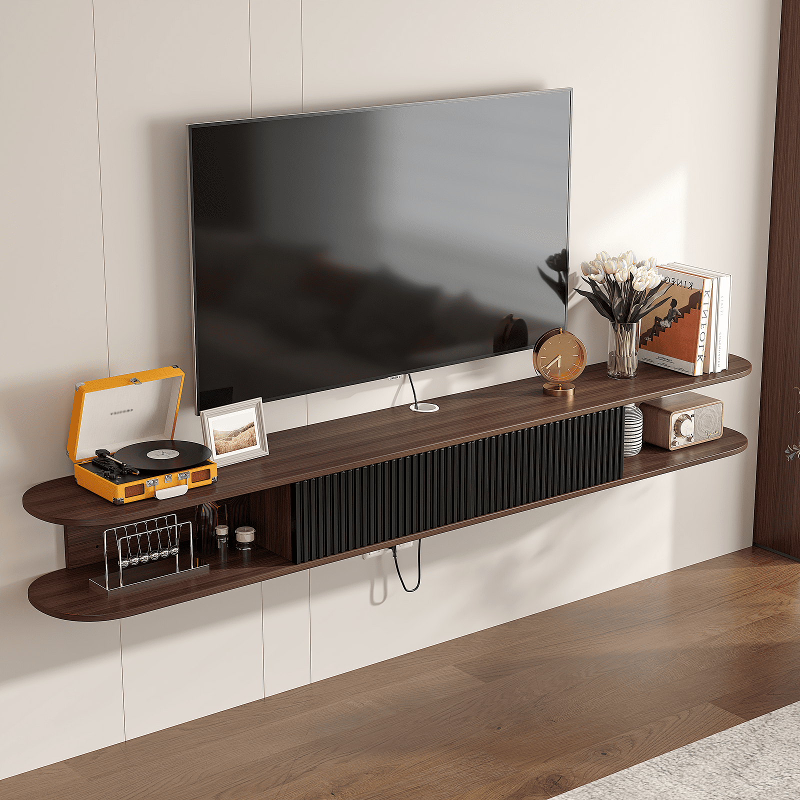 ​​FloatiCasa 78" Floating TV Stand Wall-Mounted Entertainment Center with 2 Doors and Vertical Groove Design for TVs up to 78" for Living Room and Bedroom, Walnut​​ and Black