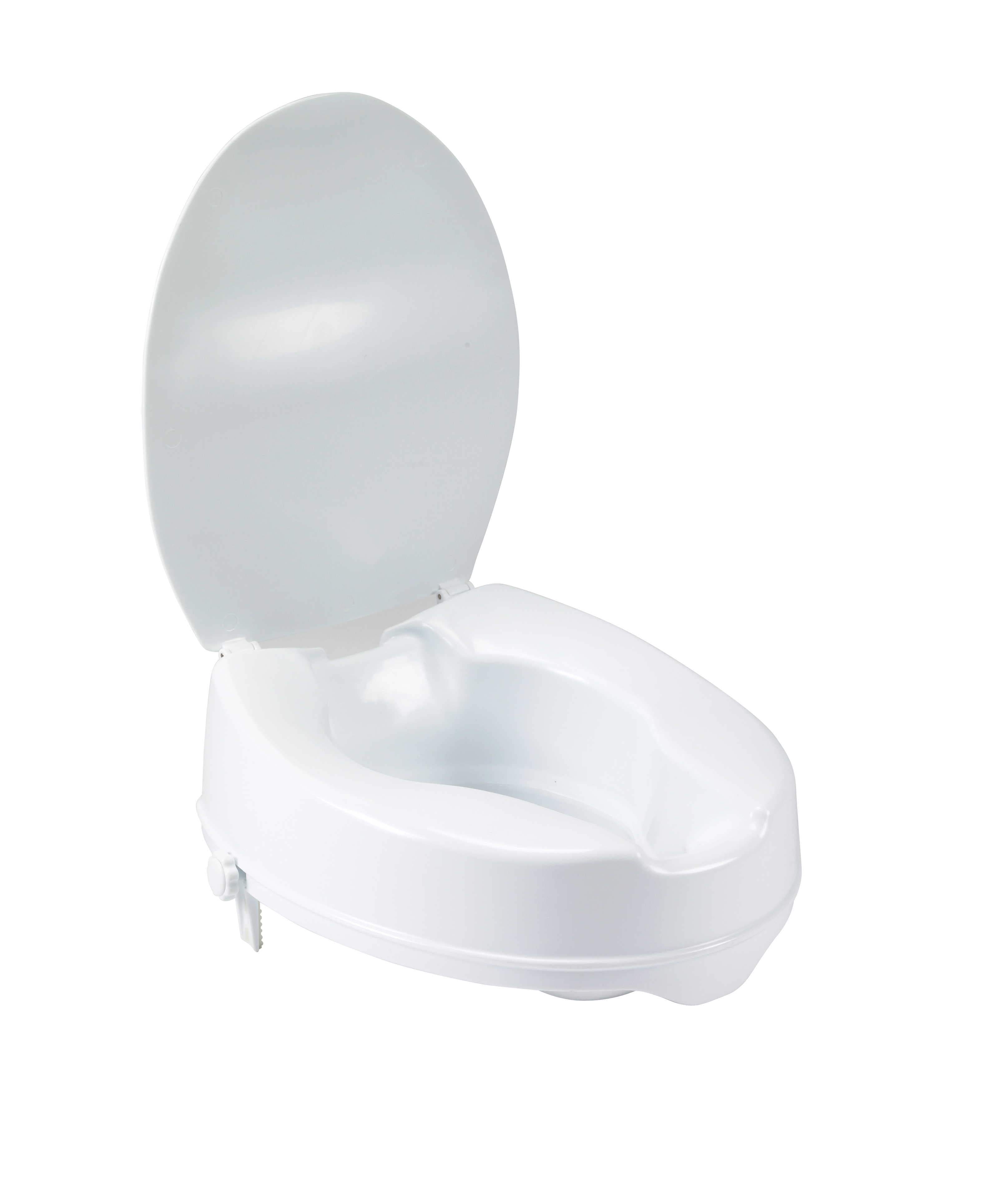 Drive Medical Plastic Raised Toilet Seat with Lid and Heav Duty Lock, White, 4" Height, fits most Toilets, weight up to 400 lbs