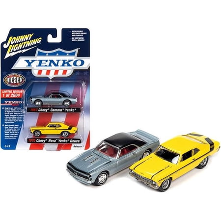 Muscle Car & Corvette Nationals Model Car Set for 1967 Chevrolet Camaro Yenko Blue Metallic with Black Top & 1970 Chevrolet Nova Yenko Deuce Yellow