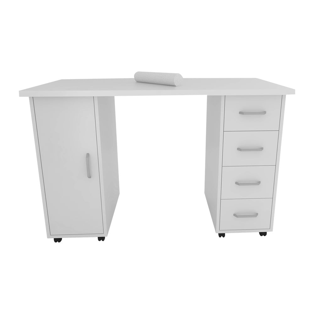 Nail Desk, Nail Table for Nail Tech with Wrist Pad, Manicure Table Computer Desk with Lockable Wheels, White