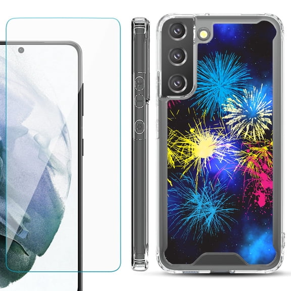 Shockproof Bumper Phone Case for Samsung Galaxy S22 5G, with Tempered Glass Screen Protector, by OneToughShield ® - Fireworks