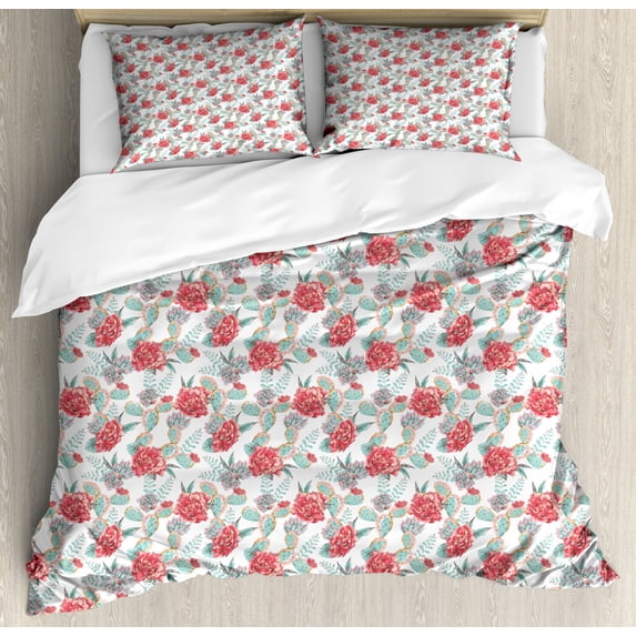 Cactus Spring Flower Duvet Cover Set King Size, Hand Drawn Like Garden Art on a Plain Background, Decorative 3 Piece Bedding Set with 2 Pillow Shams, Dark Coral and Almond Green, by Ambesonne