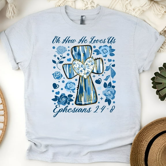 Women's Short Sleeve Graphic T-Shirt, Oh How He Loves Us Cross Ephesians 2:4-8, Ash, Size S