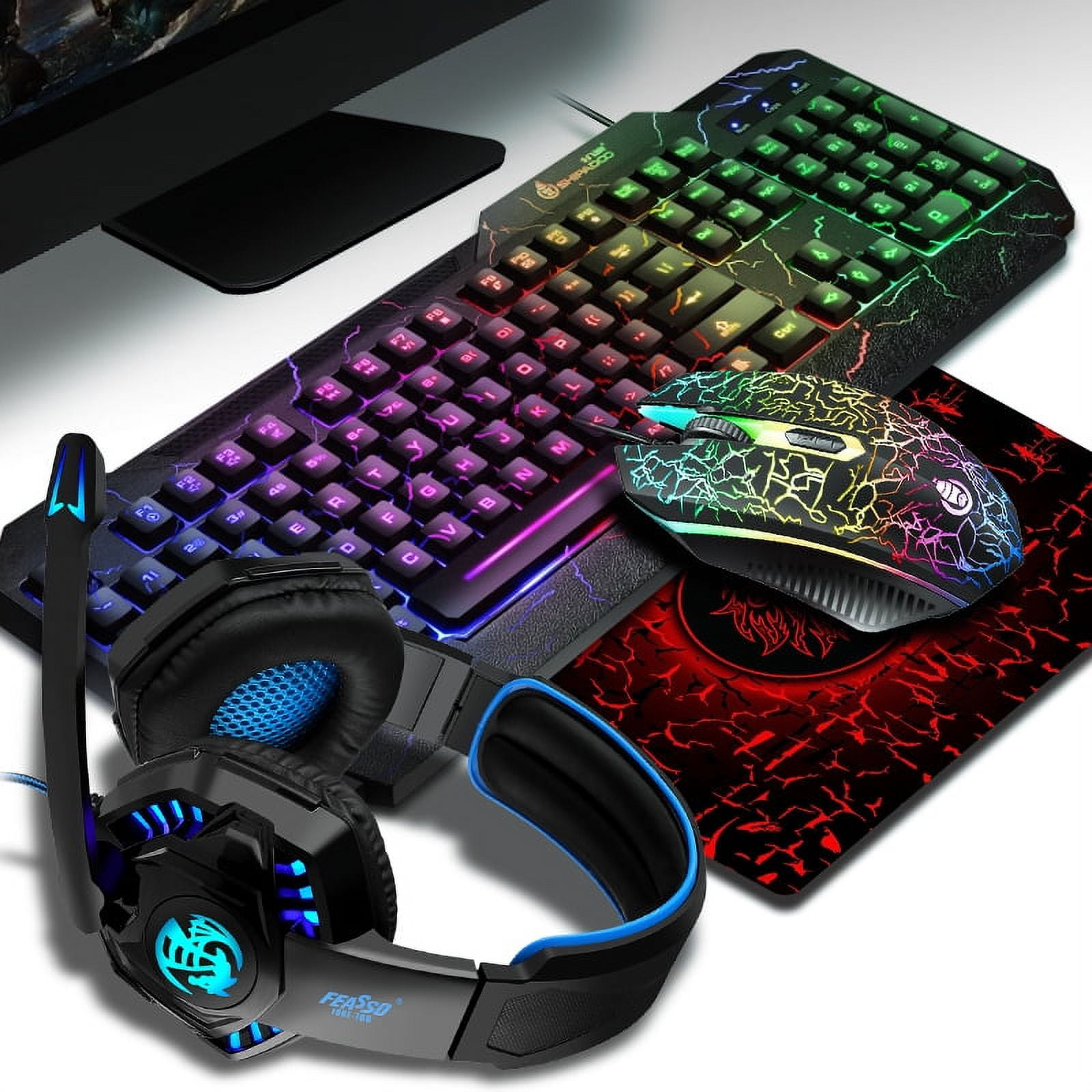 COMBO GAMING TECLADO MOUSE AUDIFONOS ALFOMBRILLA GAMER RGB 4 EN 1