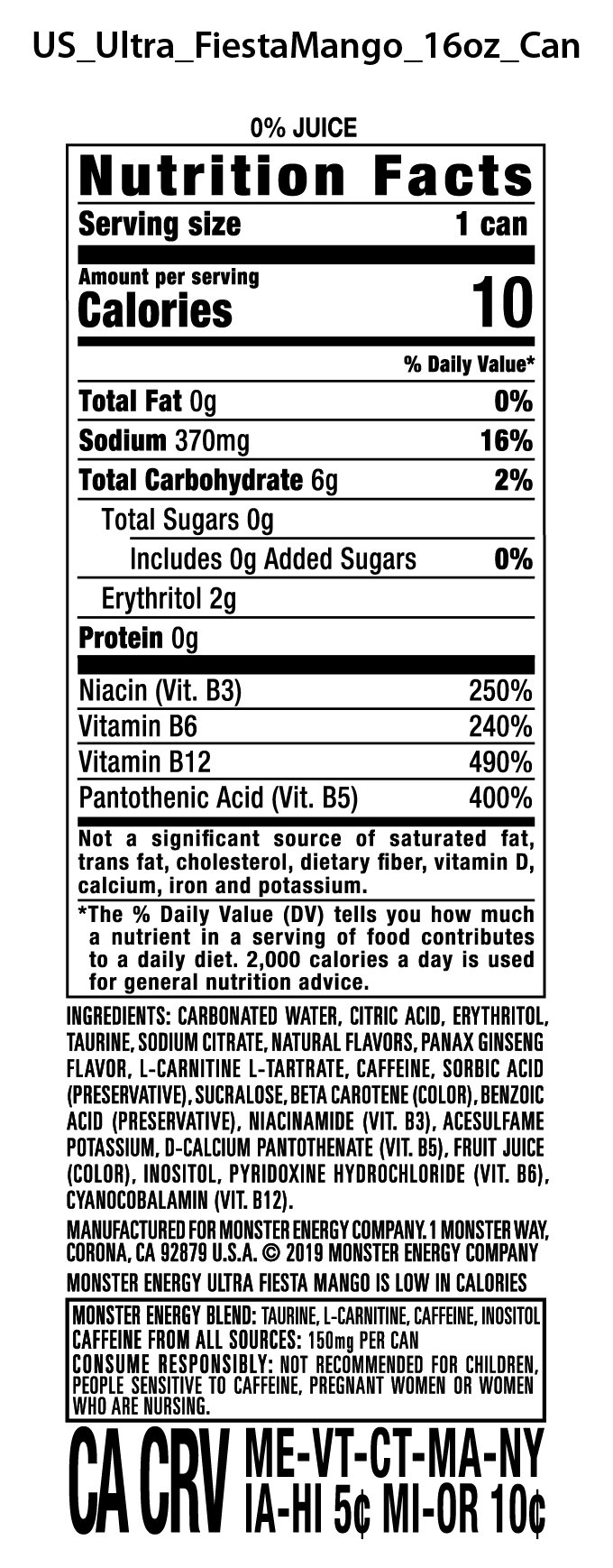 Monster Energy Ultra Fiesta Mango 15 Pack - 16 Fl Oz