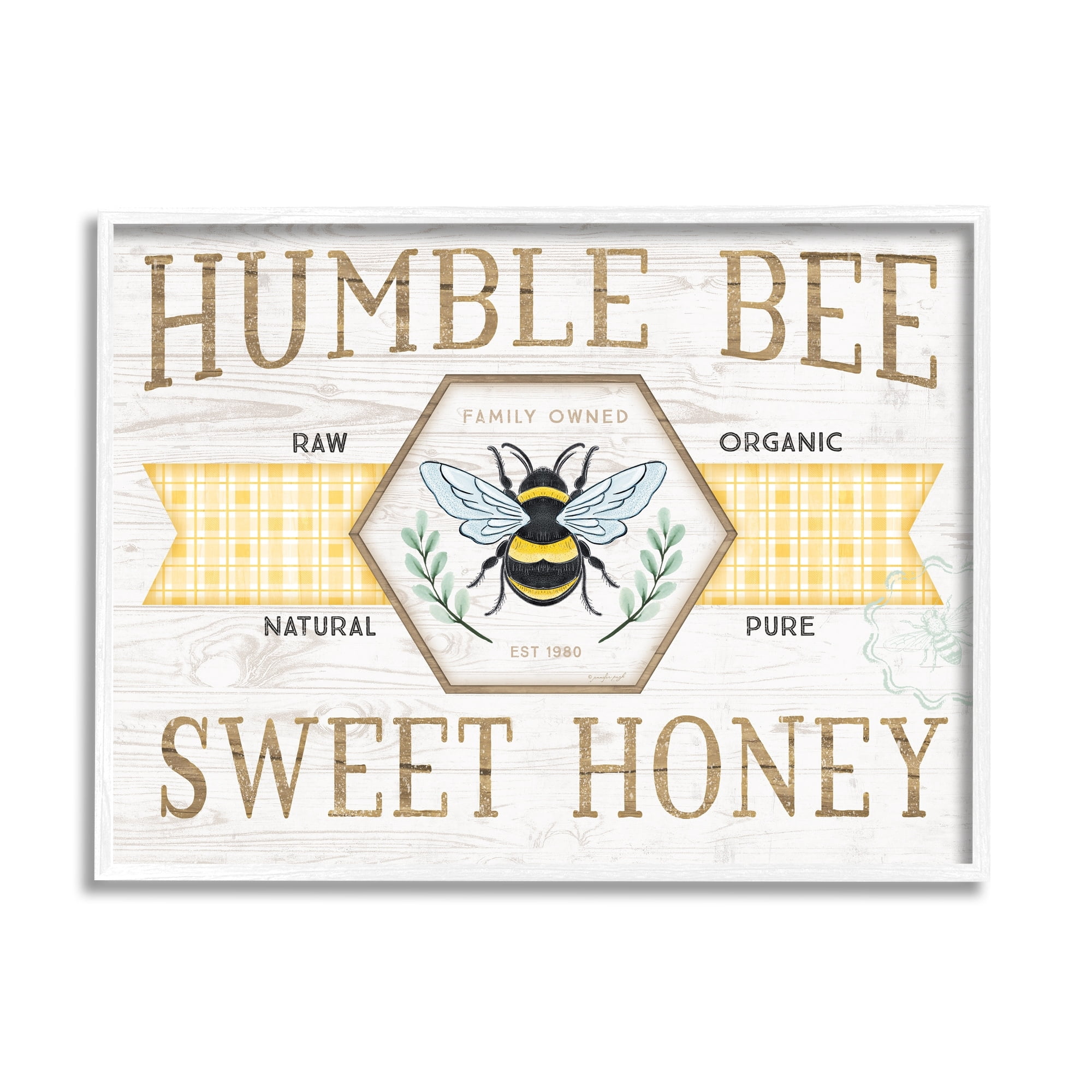 Stupell Industries Sweet Honey Bumble Bee Sign Country Tartan Banner Graphic Art White Framed Art Print Wall Art, Design by Jennifer Pugh