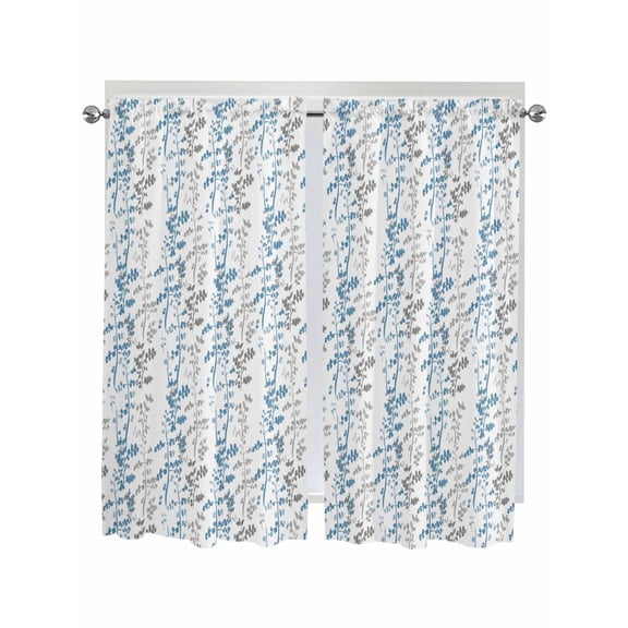 Blue Grey Botanical Bathroom Window Curtain, Spring Floral Summer Farmhouse Light Filtering Coffee Kitchen Curtains, Bedroom Living Room Curtains 2 Panel 84"x63"