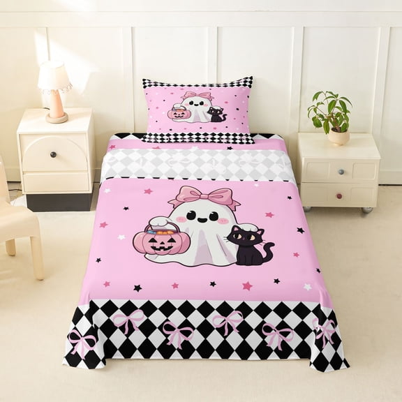 Homewish Cartoon Bow Ghost Cat Twin Sheets for Kids, Sugar Halloween Pumpkin Bedding, 3pcs, 1 Flat Sheet, 1 Fitted Sheet and 1 Pillowcase