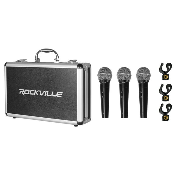 Rockville RMC-3PK 3 Pack Metal Wired Vocal/Instrument/DJ Microphones Metal Case