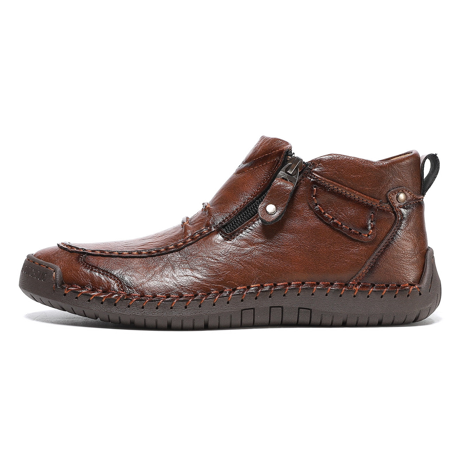Menâs -On Orthopedic Leather Boots,Menâs Handmade Leather -On Driving Boots,Men Side Zipper Orthopedic Shoes for Driving Hiking