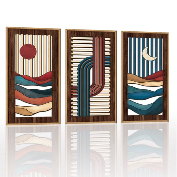 TOARTi Abstract Wood Wall Art Geometric Framed Sun Moon Colorful Minimalist Cut Out Set of 3 For Living Room Bedroom Office 8x16 Inch