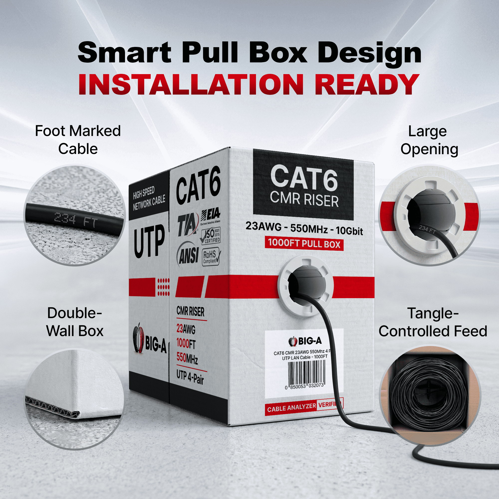 Big-A - Bulk Cat6 Cable 1000ft 23AWG Solid 4 Pair, Cat 6 Ethernet Cable Unshielded Twisted Pair (UTP), (CMR) 550MHz Internet Cord, Pull Box - Black