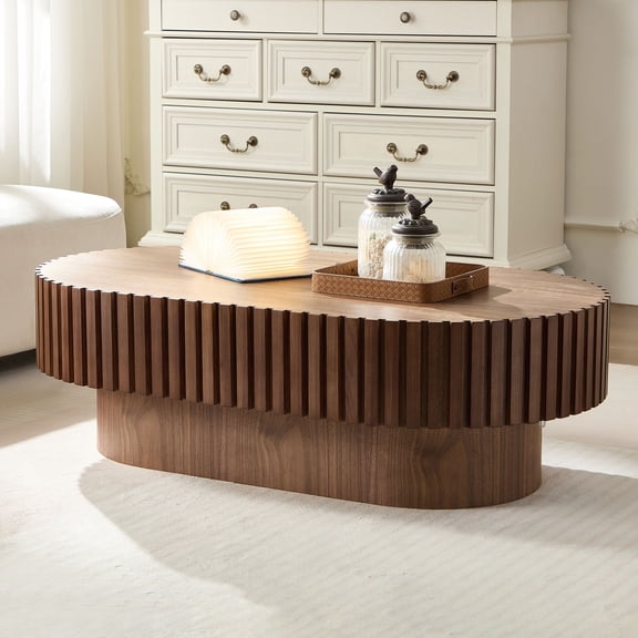 Kevinplus Oval Small Wooden Coffee Table with Sturdy Pedestal for Office,Living Room, Walunt, 43.7 inch