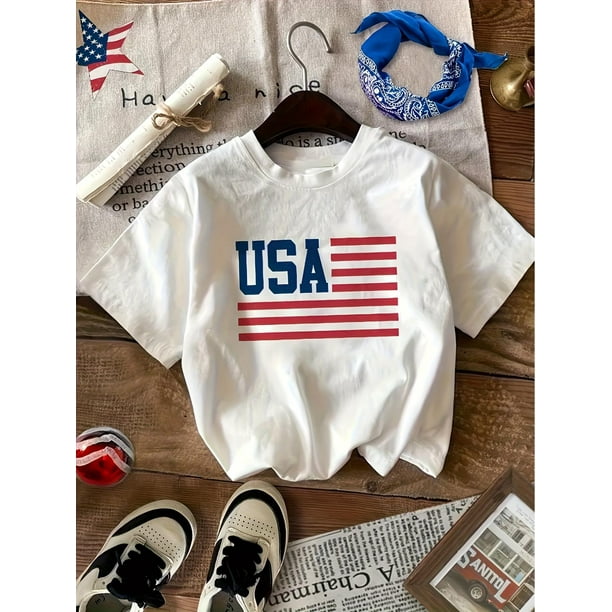 Vintage USA Flag Print Crew Neck T-Shirt, Polyester Knit Fabric, Short Sleeve, Regular Length, Geometric Pattern, Casual Summer Tee for Women