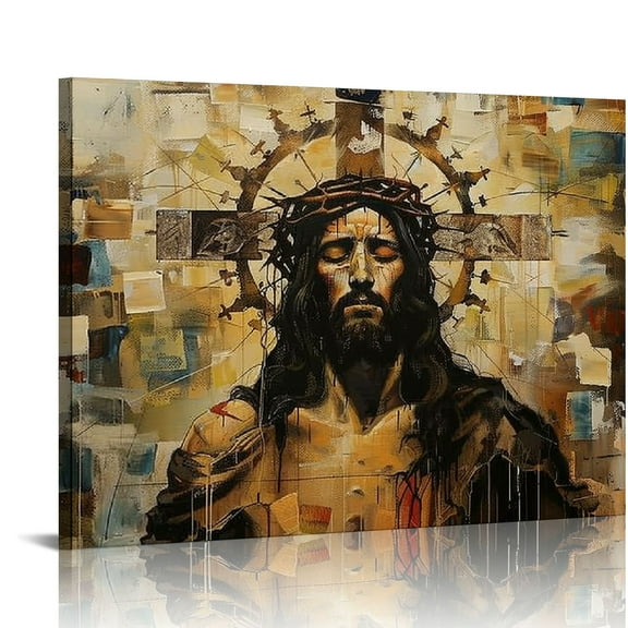 JEUXUS Vintage Abstract Jesus Portrait Painting Christianity Cross Religion Posters Christian Room Decor Jesus Canvas Wall Art Decoration Home Bedroom Modern Print Gift for Man And Woman