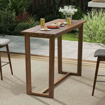 Auranook 59 Inch Outdoor Bar Table, Teak Wood Patio Bar Height Table with Slatted Top, Rectangular Pub Table