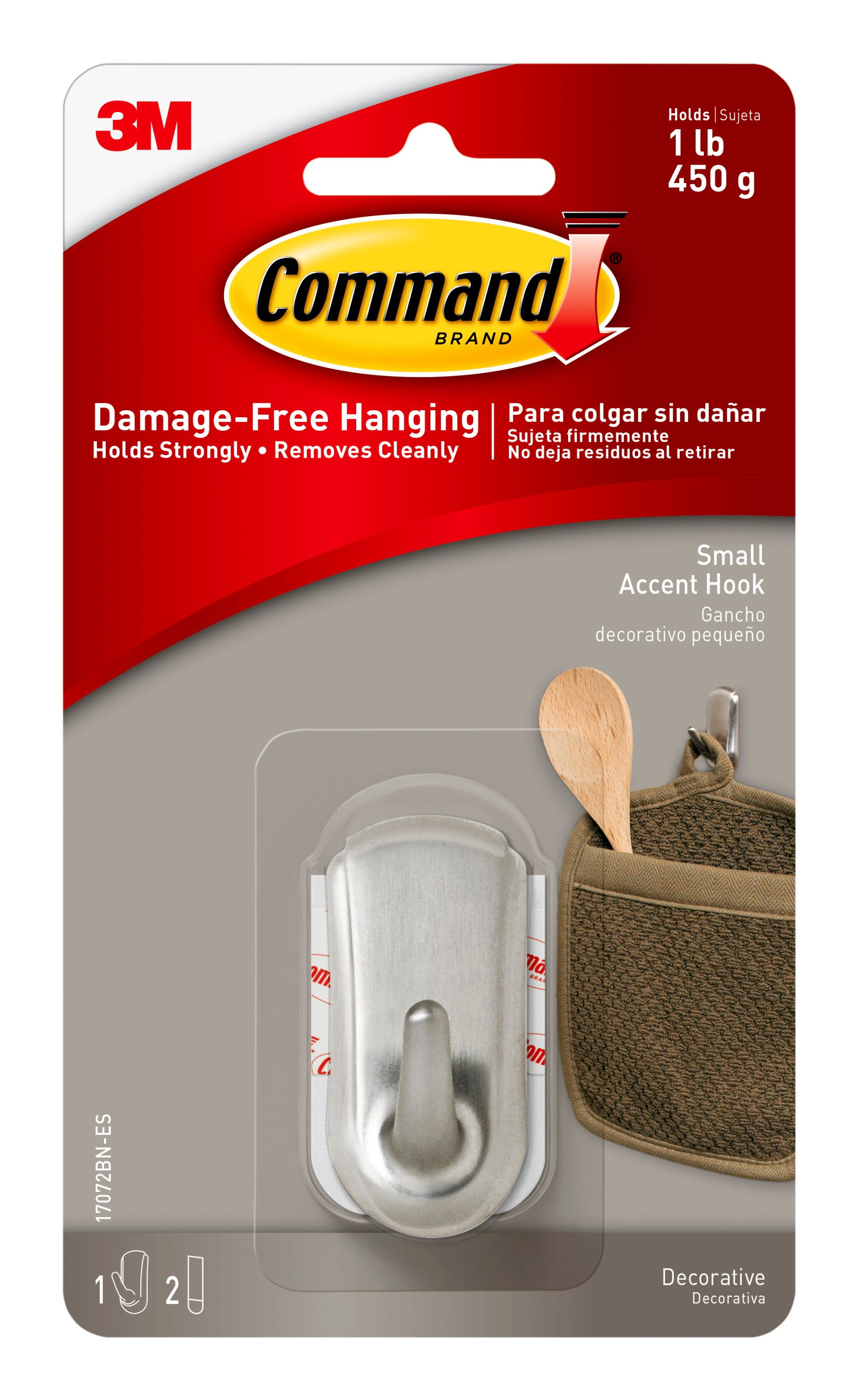 Command Accent Hook, Brushed Nickel, Small, 1 Hook, 2 Strips/Pack