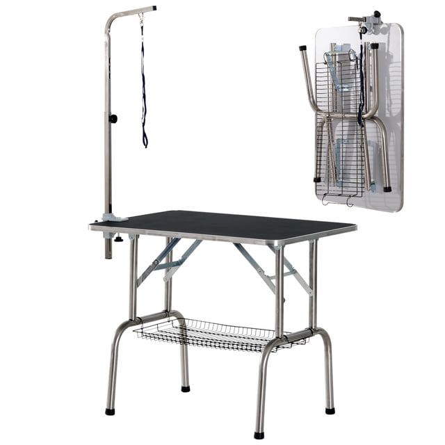 Table de Toilettage pour Chien en Acier Inoxydable Argenté - Hauteur et Rangement Réglables / 36 Pouces x 24 Pouces / Station Professionnelle de Toilettage pour Animaux pour la Maison et le Salon