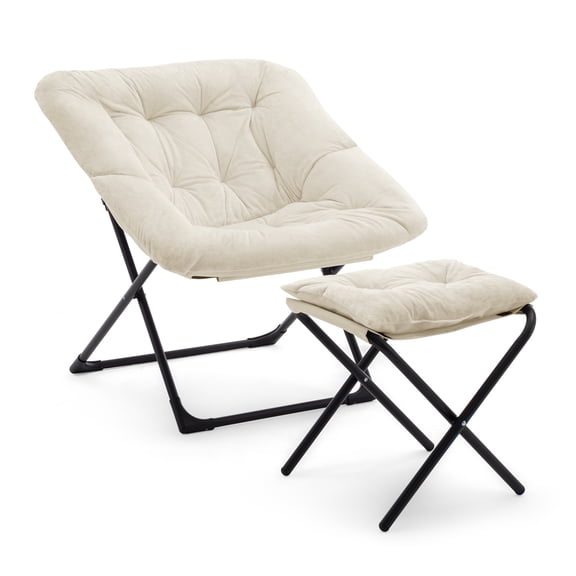 AUNEKIV Folding Saucer Chair with Ottoman for Adults, Comfy Faux Fur Lounge Chair for Bedroom Living Room Dorm, Beige