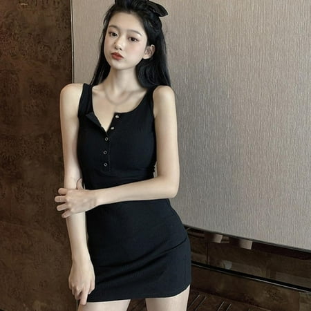 Women s suspender U-neck solid color knitted sleeveless dress commuting tight bag hip high waist Mini Dress