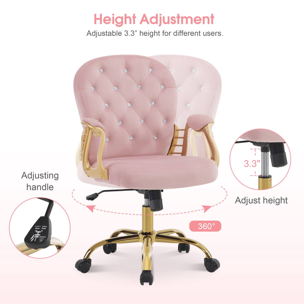 BarberPub Ergonomic Office Chair with Lumbar Support and Wheels, Height Adjustable Swivel Office Chair