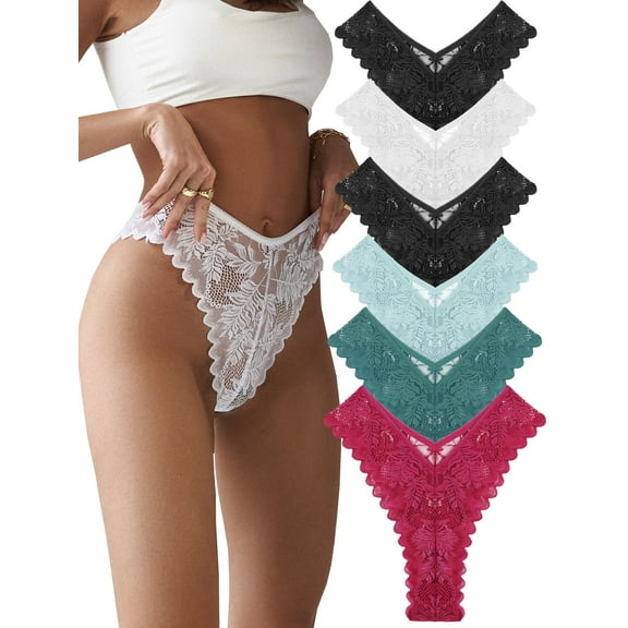 FINETOO 6 Pack Lace Underwear For Women Invisible High Waist Thong V-Shape Embroidery Floral Bikini Panties S-XL
