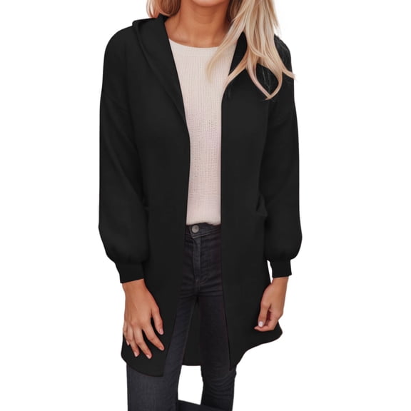 Ediodpoh Hooded Cardigan Sweaters for Women Fall Open Front Knit Winter Outerwear with Pockets Soft and Warm Black XL