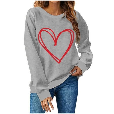 

Womens Long Sleeves Sweatshirts Valentine s Day Fashion Love Printing Solid Pullover Casual Loose Round Neck Ladies Tunics Sweatshirt Top