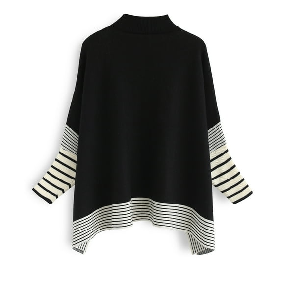 CHICWISH Women's Black Striped Oversize Soft Knit Cape Sweater Pullover