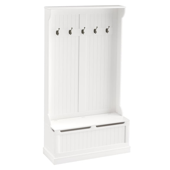 38 3-In-1 Entryway Hall Tree with Storage Bench, Coat Rack with Four Hooks and Shoe Storage, White MDF, Narrow Hallway Organizer for Small Entryway