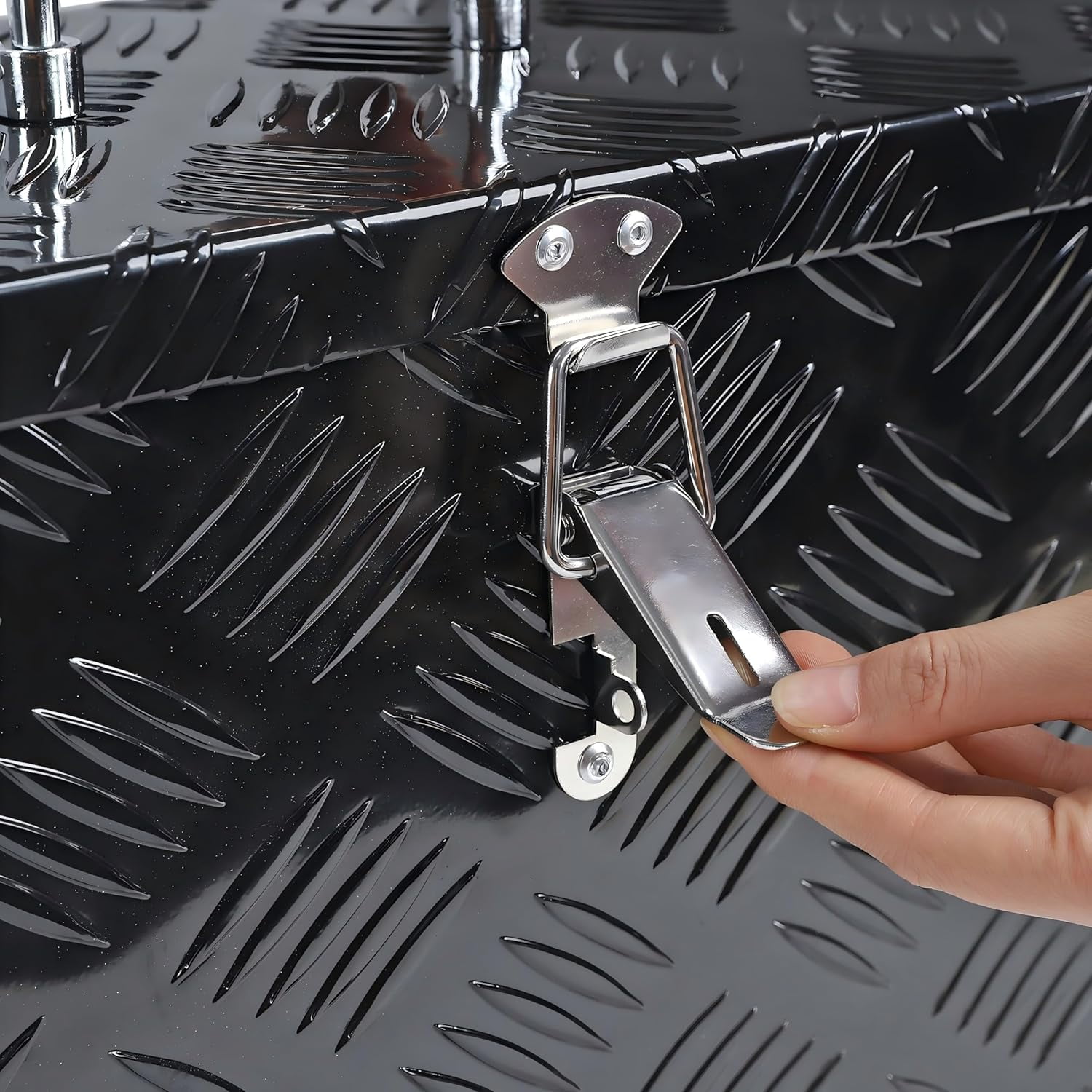 16 Inch Aluminum Truck Bed Tool Box, Stripes Plated Tool Box with Side Handle and Top Handle, Storage Toolbox Chest Organizer for Trailer, Pickup, Truck Bed, RV, 16"x7.5"x10", Black